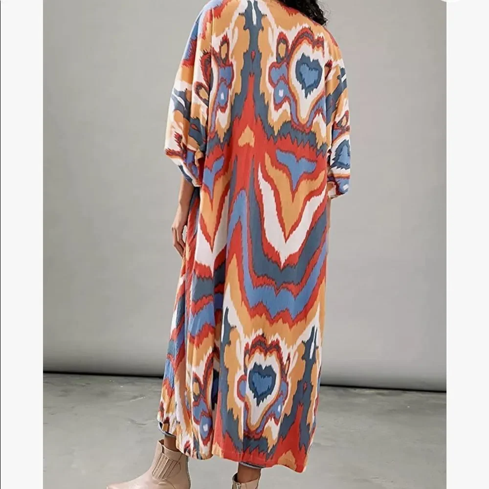 Multicolor Open Longline Three Quarter Sleeve Kimono Duster - Picture 13 of 15